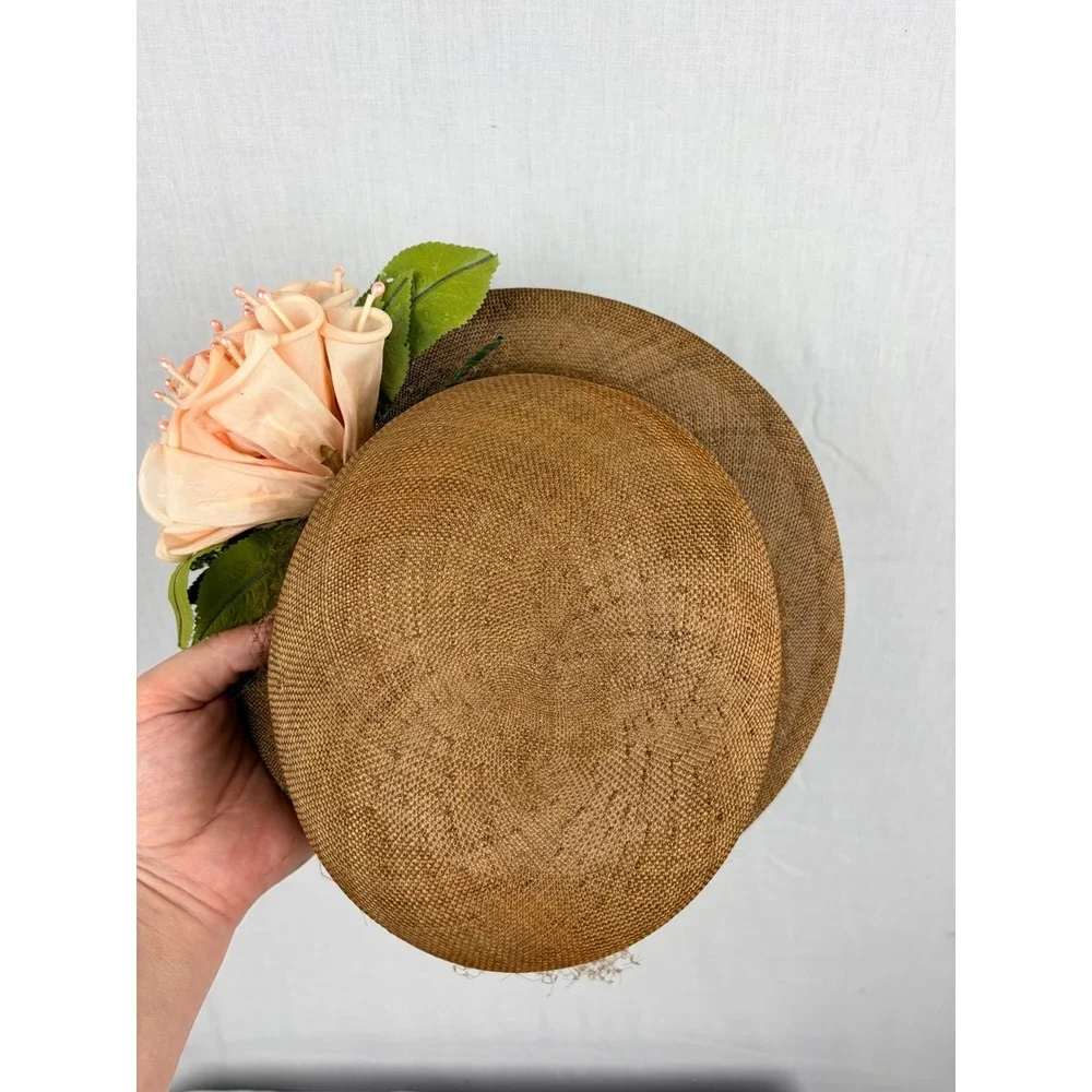Vintage B.B. Smith & Co Bronze Woven Straw Boater Hat Floral Pearl Trim Kentucky